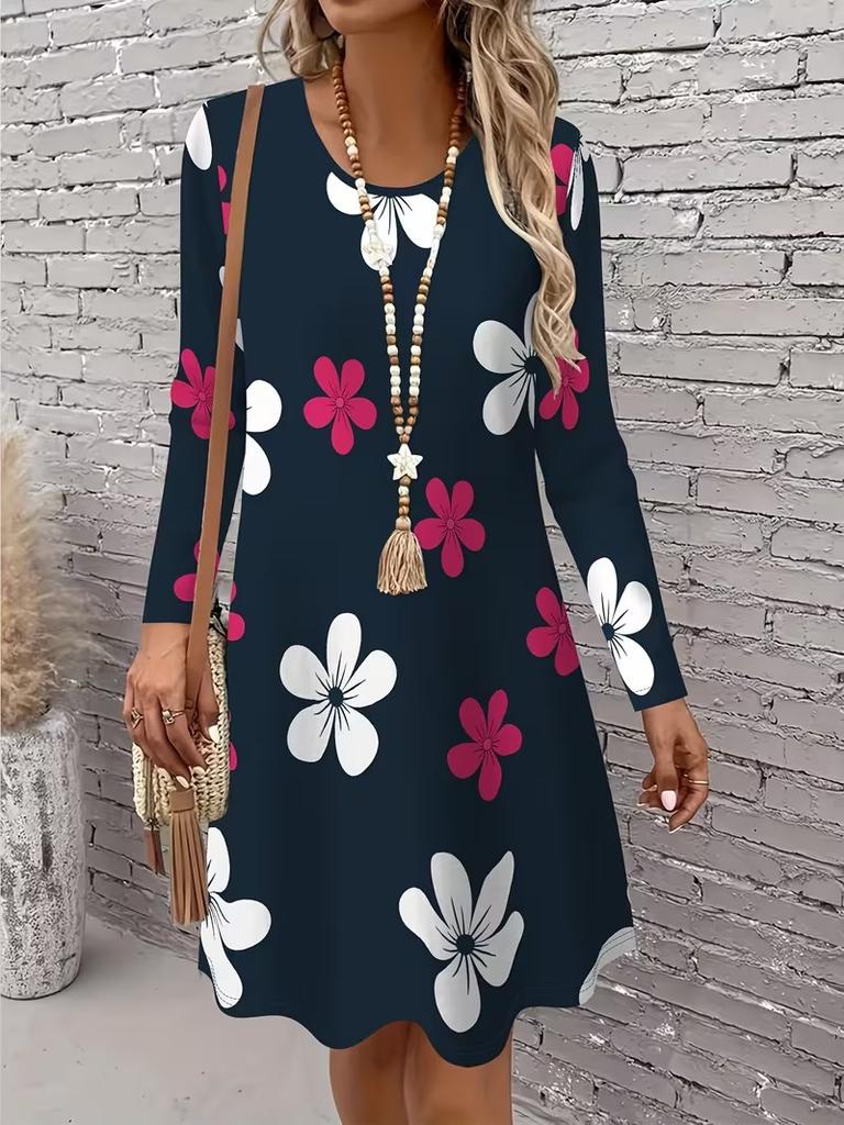 3D Retro Floral Pattern Casual Dress, Women's Autumn Long Sleeved Round Neck Casual Mini Dress