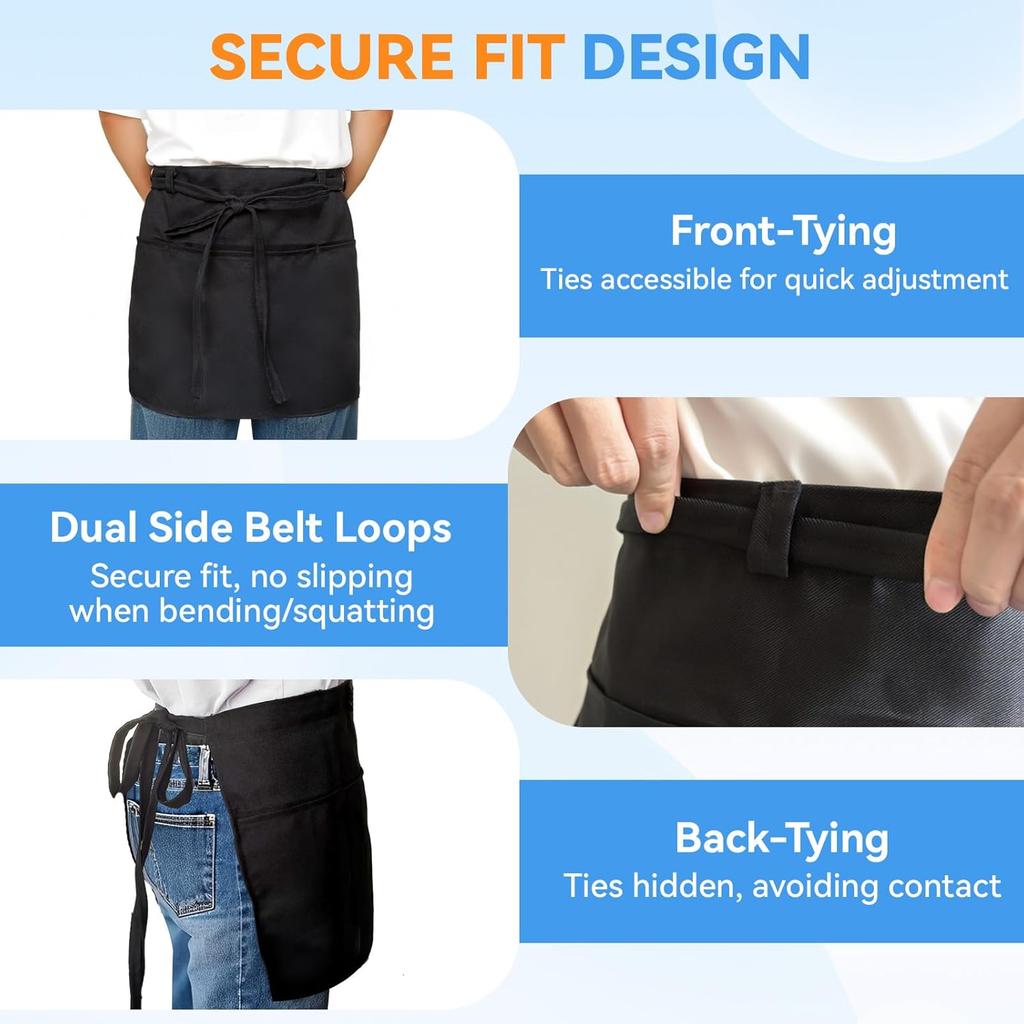 Server Aprons with 3 Pockets Waitress Waiter Waist Black Apron for Women Men Chef Kitchen Serving Cooking Baking, 1Pack, 12.6 Inch