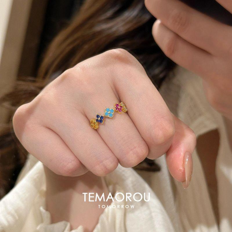 

Suitable for Summer ~ Colorful Four-Leaf Flower Pendant Tassel Earrings Pierced-Ear-Caring Ear Studs Female Suitable for Square and round Face Open colorful four-leaf flower gold ring single