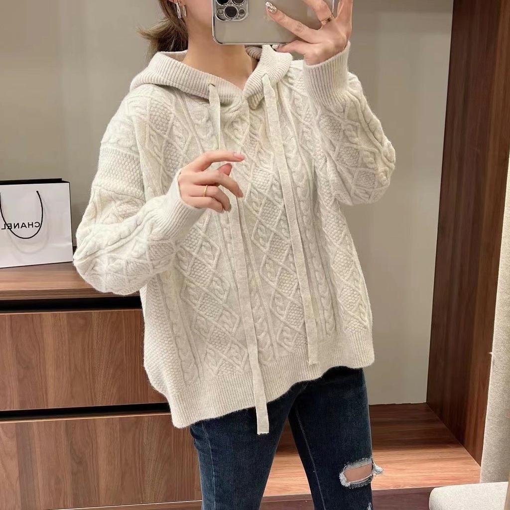 Knitted Hooded Sweaters for Women Classic Solid Knitted Pullover Oversized Fall Winter Casual Knitwear Sweatshirt