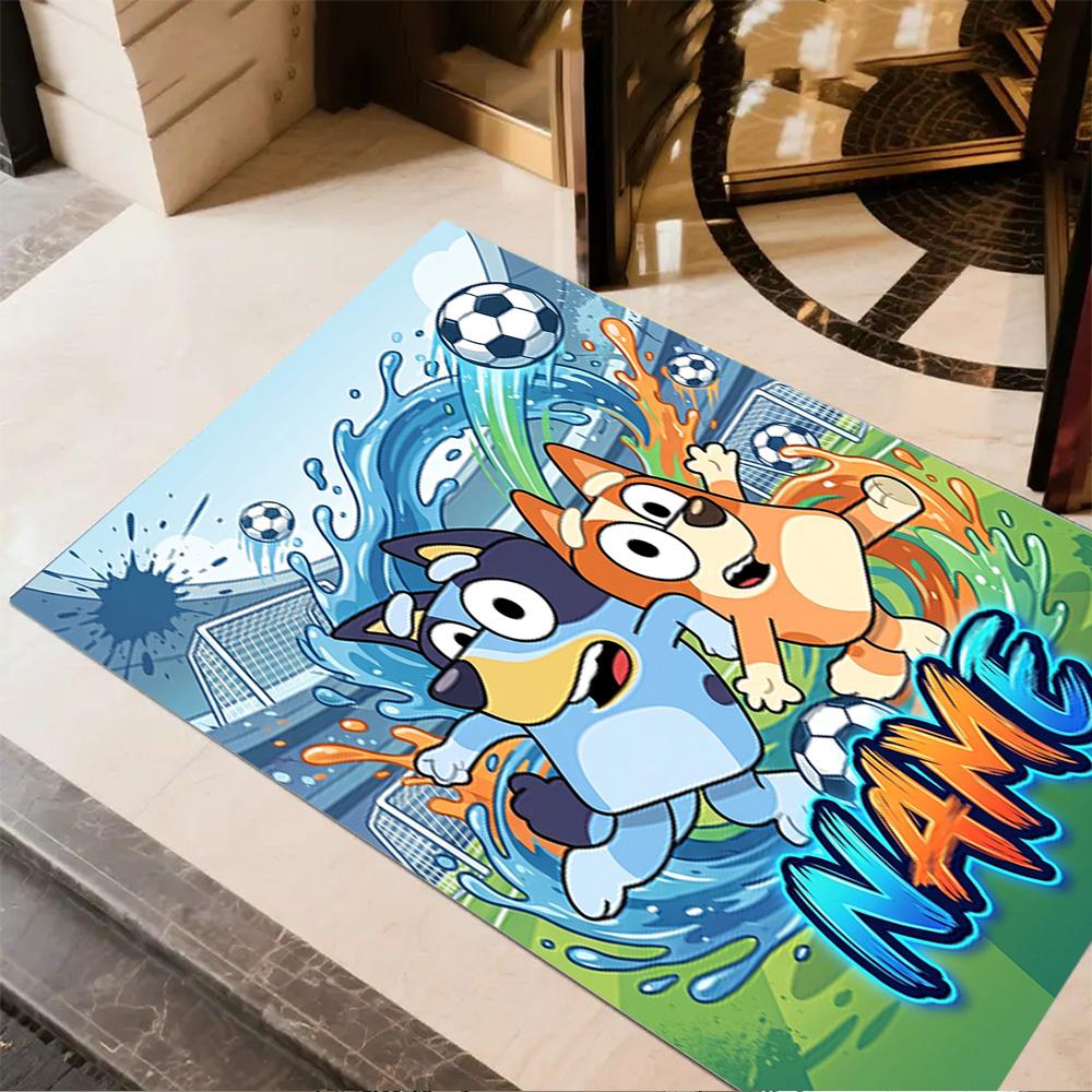 Bluey Soccer Adventure Customizable Name Area Rug Design for Playrooms Kitchen Entryway Outdoor Antislip Carpet Anime Office Decor