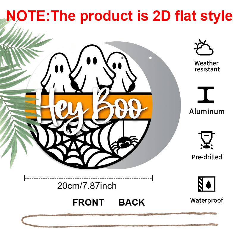 2D Flat, 1pc Round Aluminum Hanging Sign, Ghost Spider Web with "Hey Boo" Word Design, Suitable for Halloween & Christmas Wall Decor, Multi-Holiday