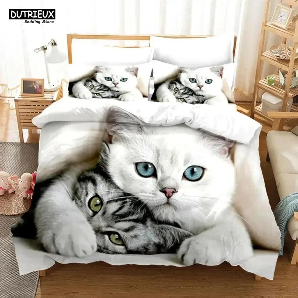 Comforter Cute Baby Cat White Black Kitten Bedding Set 3D Printed Suitable For Bedroom Kids Home Textile