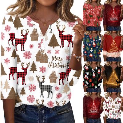 Women's Fashion Casual Christmas Print V-Neck Button Three-Quarter Sleeve T-Shirt Blouse