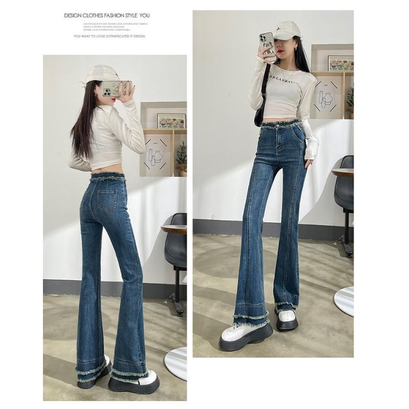 Vår och höst damjeans med hög midja Elastiska smala tunna jeansjeans med breda ben och mikroflare byxor