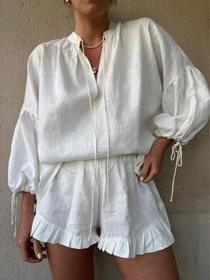 Elegant Casual Long Sleeve Two Piece Set Women Strappy Loose Tops + High Waist Shors Female Fashion Patchwork Chic Pleated Beach Suits