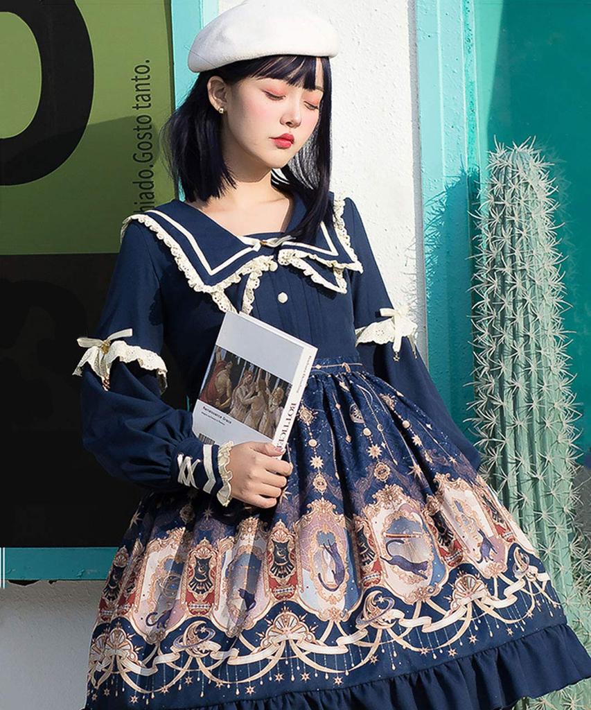 Milky Time Classic Lolita Dress, Long Sleeves, Cat Design, Sailor Collar, Navy, Cosplay Costume, Women's, Medium (Navy, M)