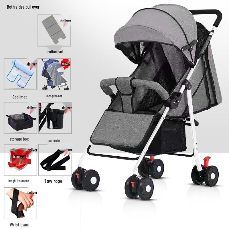 Lightweight Foldable Stroller: Sit or Lie Position, Four-Wheel Design, One-Key Fold for Kids and Babies.