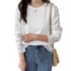Gute Qualität Herbst Winter Japanisch Koreanisch Einfarbig Spitze Pullover Rundhals Locker Langärmliges T-Shirt für Damen