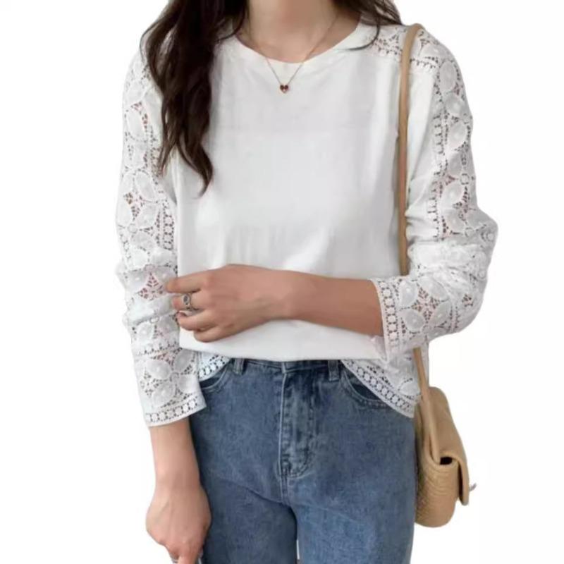 Dobrej Jakości Jesienno-Zimowy Japoński Koreański Jednolity Kolor Koronkowy Pulower Okrągły Dekolt Luźny T-shirt z Długim Rękawem dla Kobiet