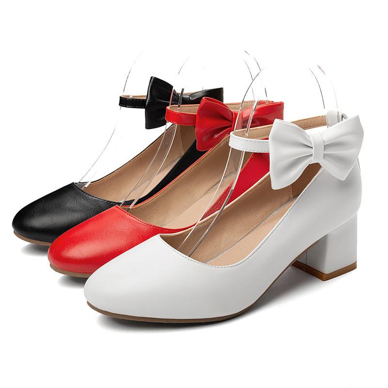 New Thick Heel, Middle Heel Buckle with Bow, Light Mouth Single Shoes, Women's Large Size Shoes.