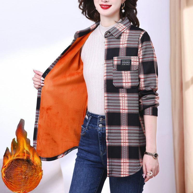 Women's Autumn and Winter Plus Velvet Long-sleeved Shirt Blouse Plaid Shirt