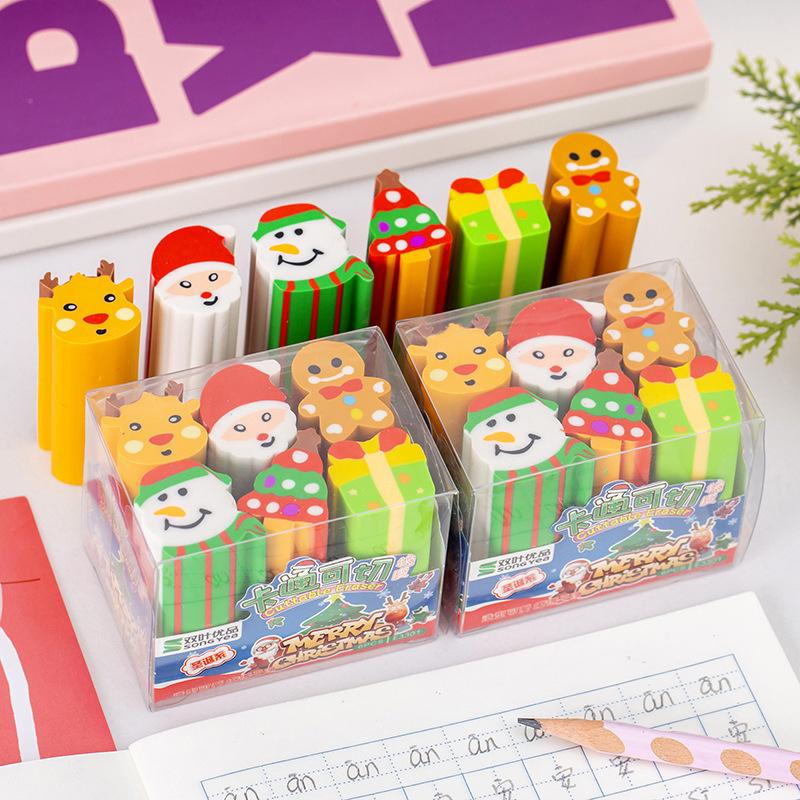 6PCS Christmas Cut Rubber Set Student Christmas Gift Prize Reward Rubber Set Erasers for Kids Korean Stationery
