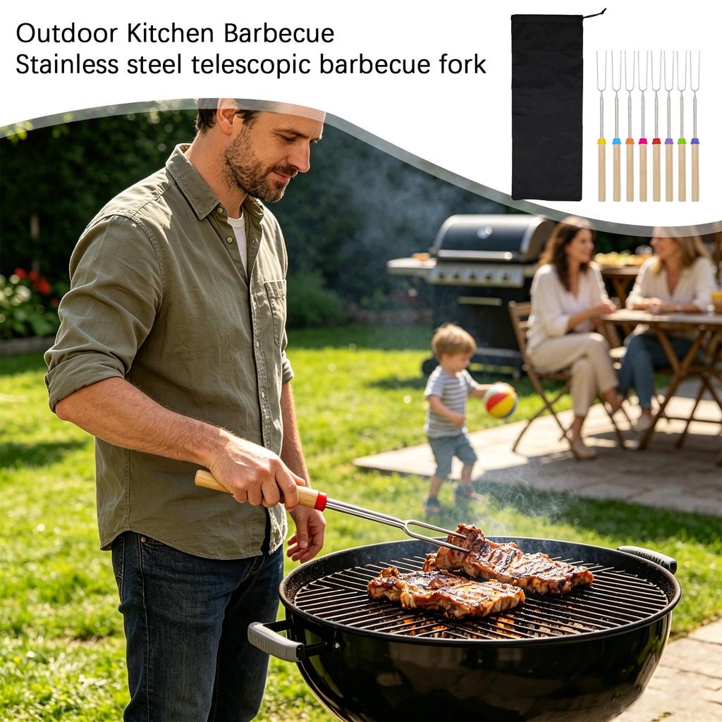 Stainless Steel Telescopic Barbecue Forks Set with Wooden Handles U Shaped Skewers for Outdoor Grilling Roasting Marshmallows Hot Dogs Camping BBQ