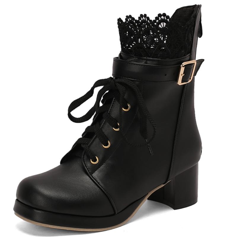 Ankle Boots for Women Lolitas Autumn Winter 2024 Black White Short Boot Low Heels Footwear Shoes Ladies Waterproof Large Size