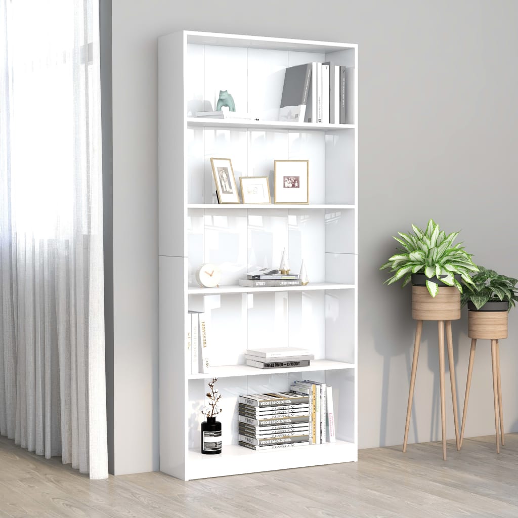 Buy 5-Tier Book Cabinet Stand Book Storage Rack High Gloss White ...