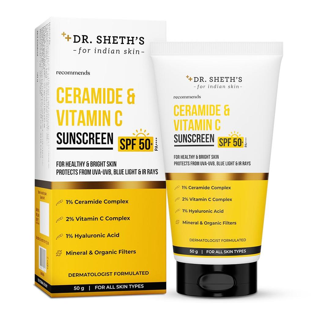 Dr. Sheth's Ceramide & Vitamin C Sunscreen | In-Vivo Tested | Protects, Moisturizes & Brightens Skin | SPF 50+ PA++++ | Lightweight, Leaves No Wh