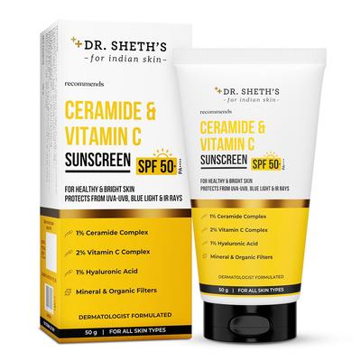 Dr. Protector Solar Sheth's con Ceramida y Vitamina C | Probado In Vivo | Protege, Hidrata y Aclara la Piel | SPF 50+ PA++++ | Ligero, No Deja Residuos Blancos