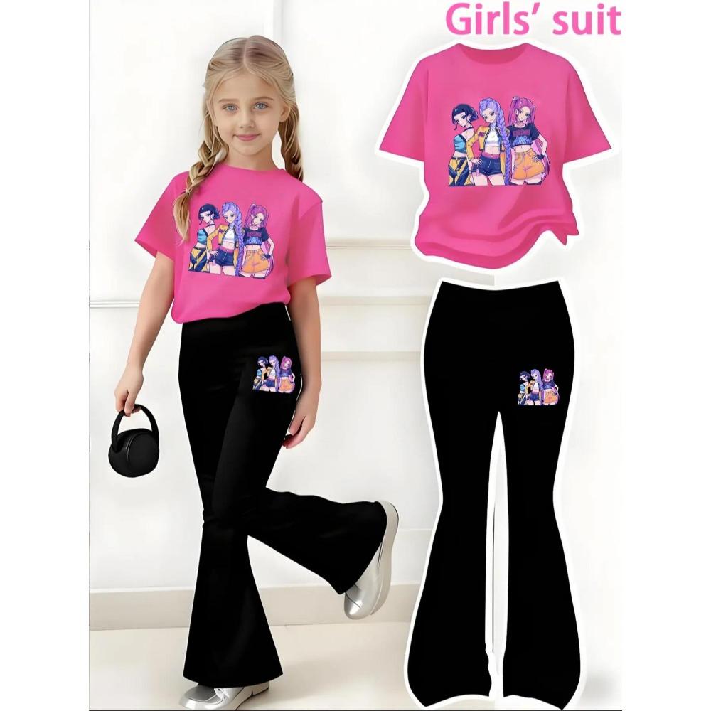 Conjunto de Manga Corta para Niña 2026 Nuevo Kpop Tres Chicas Estampado de Anime Camiseta de Manga Corta + Pantalones de Campana Conjunto de Dos Piezas