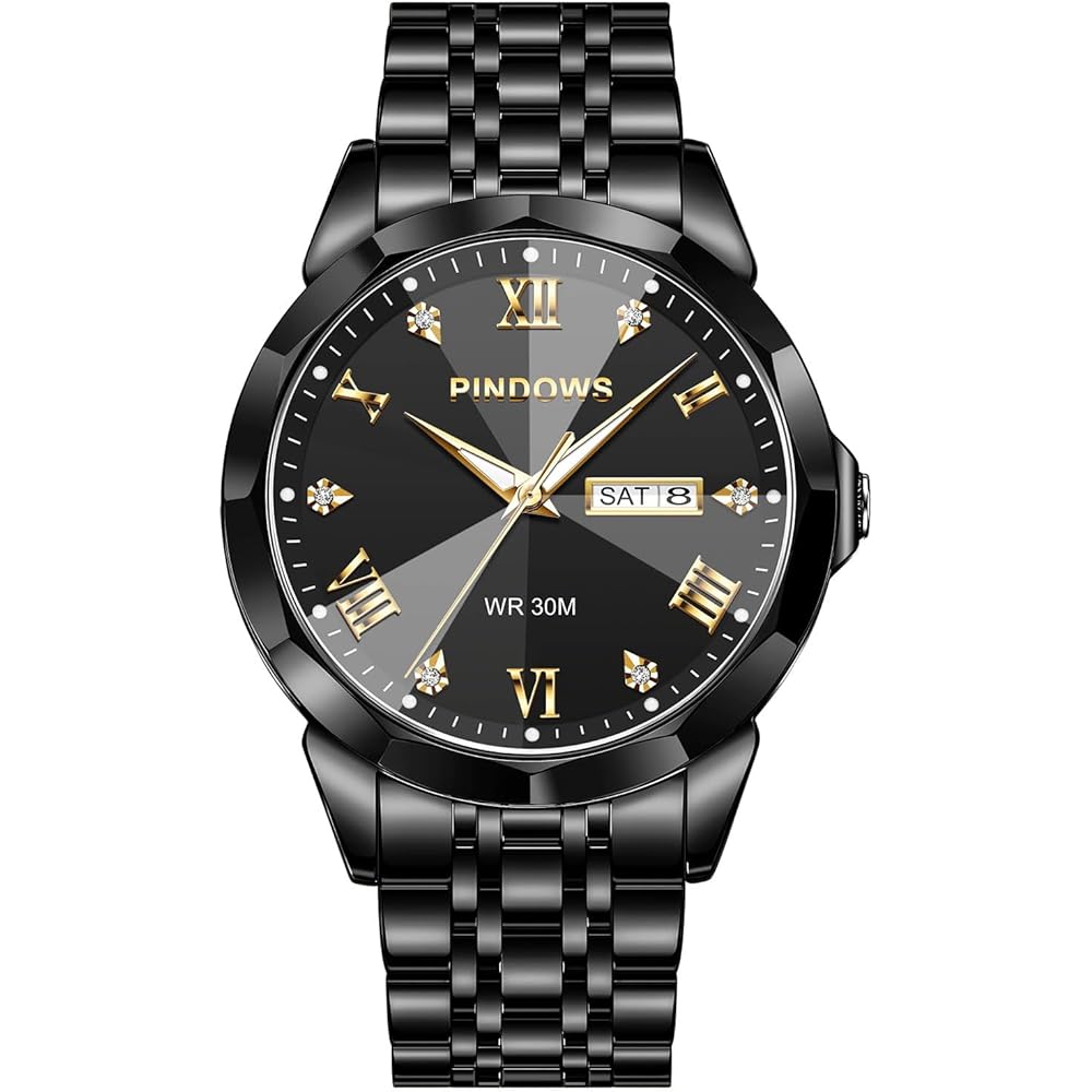PINDOWS Men s Luxury Analog Quartz Watch with Diamond Decoration, Waterproof, Date Display, Two-Tone Stainless Steel Band