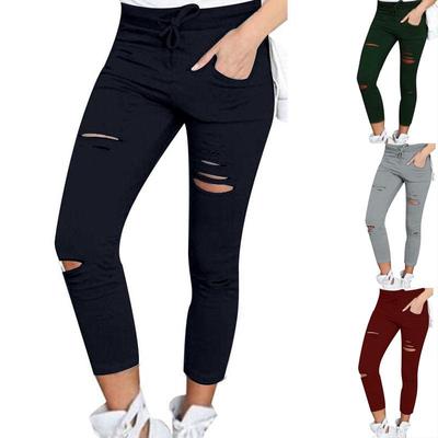 Cargo Pants Women Fashion Slim High Waisted Stretchy Skinny Broken Hole Pencil Pants Solid Color Streetwear Trousers
