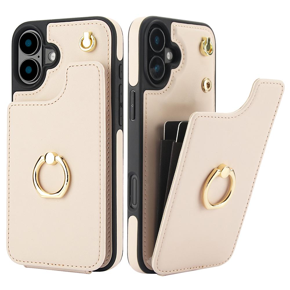 

For iPhone 16 Case Card Holder Kickstand PU+TPU Phone Cover with Shoulder Strap Apricot