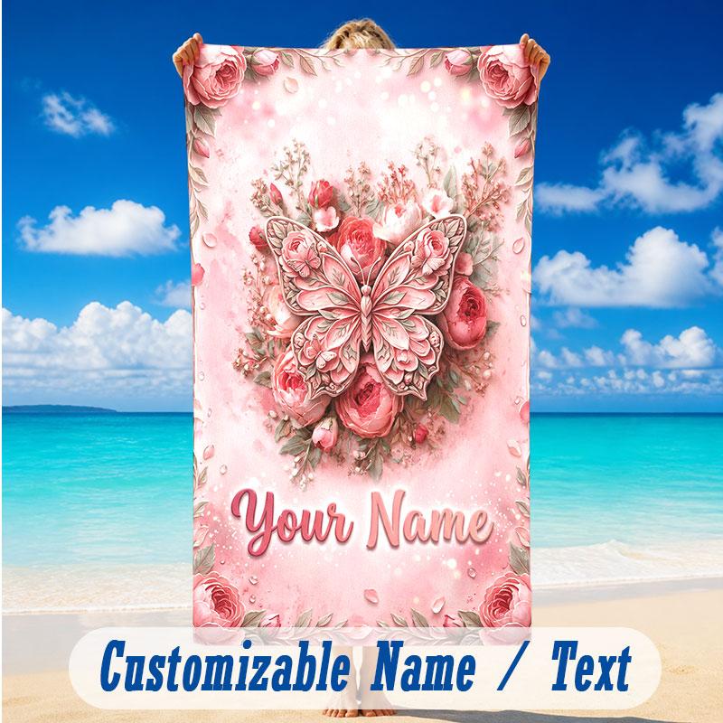 Butterfly Theme Beach Towel Personalized Custom Name & Text Soft Quick Dry Beach Towel for Swimming Travel