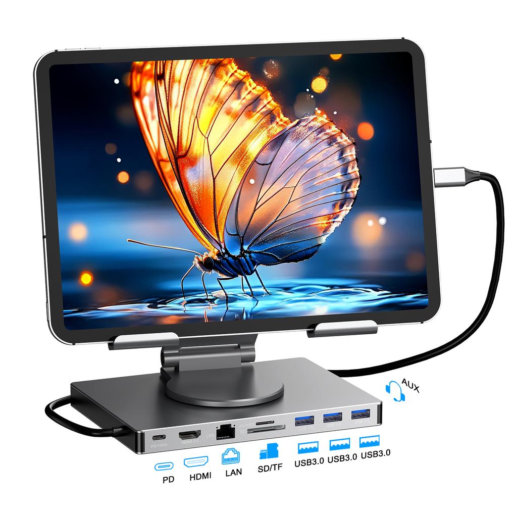 iPad Pro USB C Hub Stand, Foldable Design 360° Rotatable Multiport Docking Station, 9 In 1 Adapter with LAN 4K HD SD/TF USB 3.0