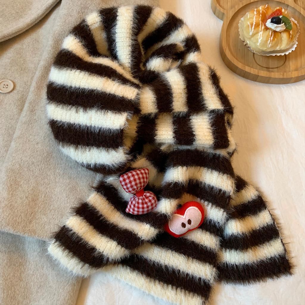 Apple Bow Red Striped Plush Knitted Scarf Women's Autumn and Winter Korean Atmosphere Warm Neck Scarf