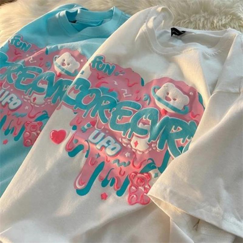 Kısa kollu tişört Kadın Gevşek Aşk Ayı Mektup Baskı Öğrenci Ceket Retro Kawaii Y2k Kızlar Büyük Boy Yaz O-Boyun Kadın