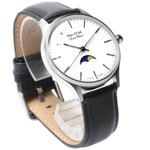 The STAC Japanese-made 36mm Antique Retro Watch for Men and Women, Unisex, Moon Phase with Bar and White/Black Crocodile, ST-MF001