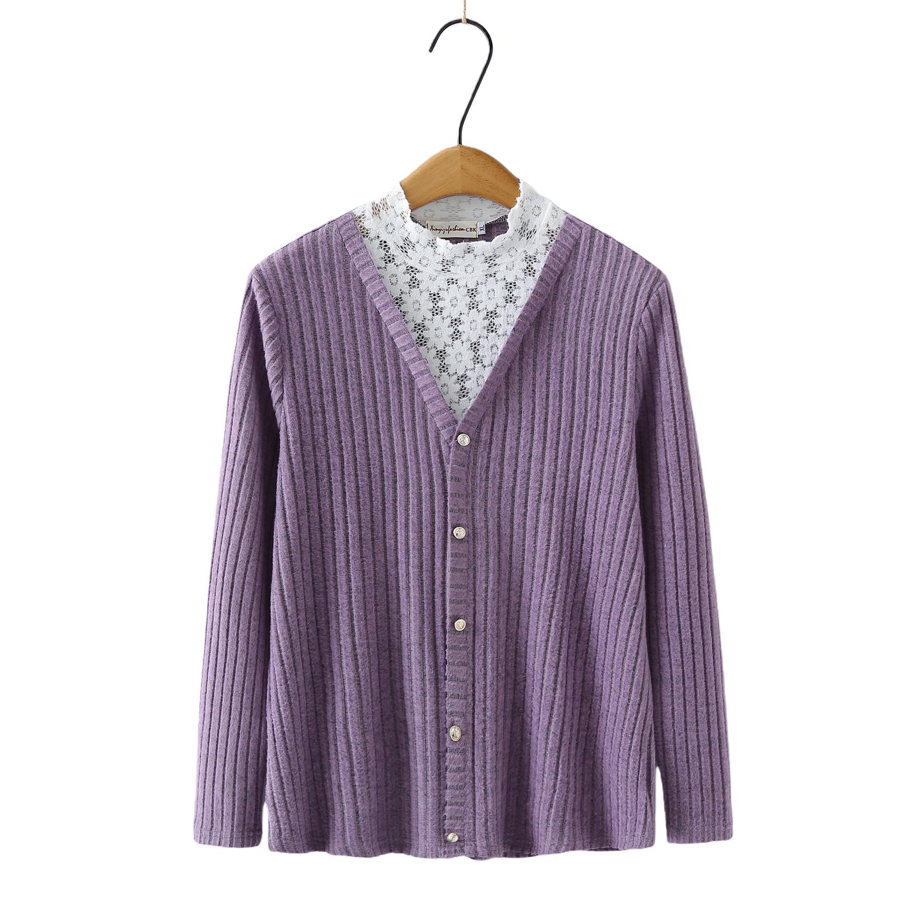 Plus Size Lace Patchwork Long Sleeve Stand Collar Ribbed Top - Autumn 2026 XL
