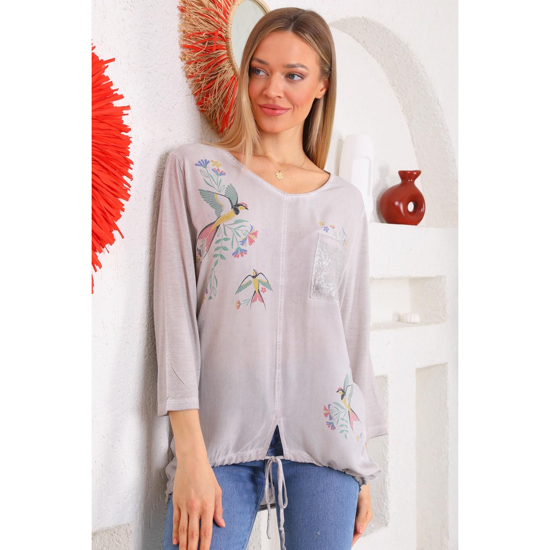 

Летняя свободная женская блузка из вискозной ткани с цветочным принтом и птицами M ракета металлический