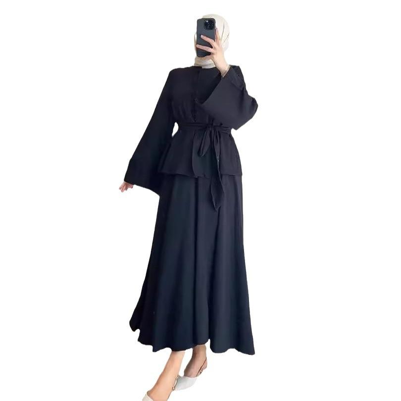 2024 Autumn Women's Solid Color Lace-up Slim-fit Top and Casual Midi Skirt Set