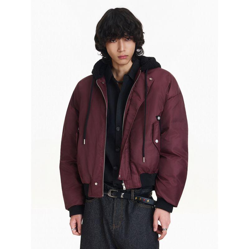 Blaexit Burgundy American-Style Bomber Flight Jacket Winter Faux Two-Piece Padded Coat Men's Fleece-Lined Thickened