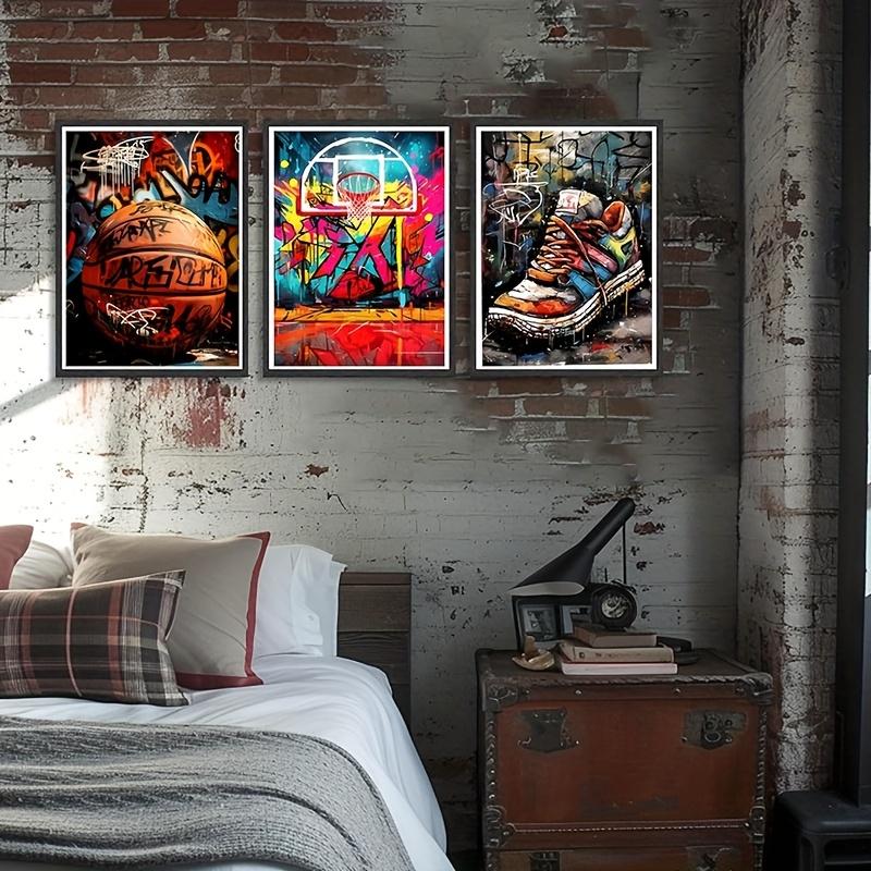 3 Basketball Graffiti Canvas Wall Paintings, Basketball Court Sports Shoe Poster Printing Paintings, Retro Abstract Graffiti Wal