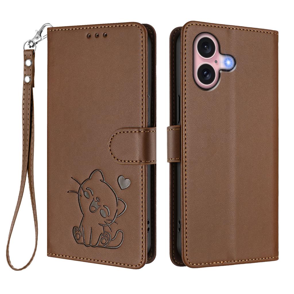 For iPhone 16 Wallet Case with Wrist Strap Love Cat Pattern Imprint Leather Phone Cover