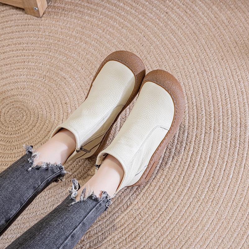Leather round head short boots flat bottom comfortable retro zipper versatile soft bottom non-slip Martin boots