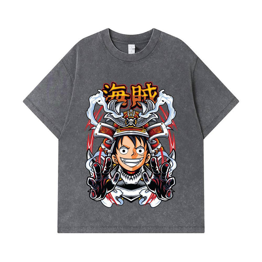 275 GSM Washed T-shirts 100% Cotton One Piece V70 Luffy Samurai Print Unisex Heavy Cotton T Shirt