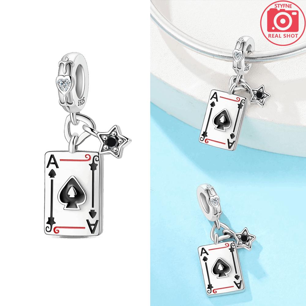 Charm 925 Silver Black Suit J Playing Card Pendant Red 10 Bead Fit Bracelet Women Jewelry Making Diy Gift Accessory