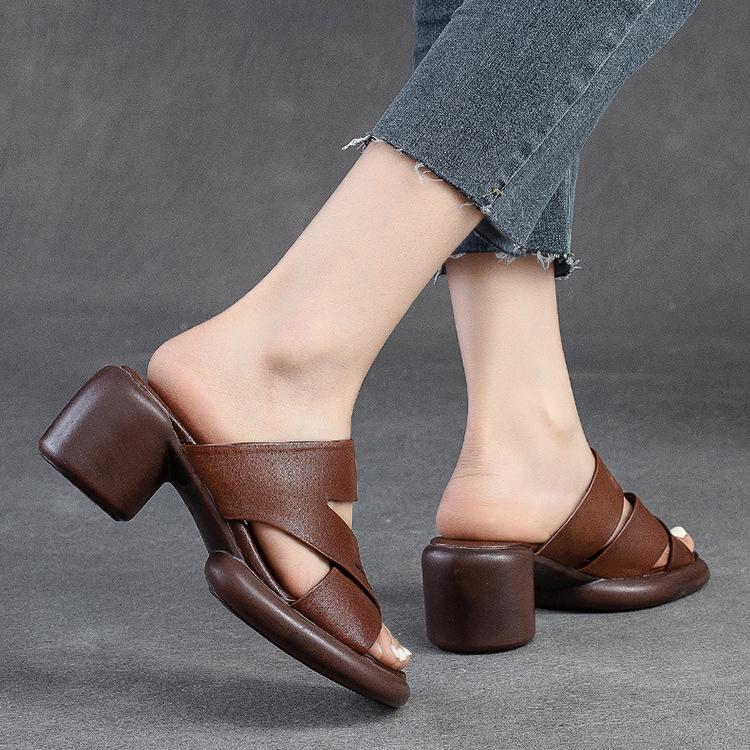 Hollow Out Oddychające kapcie na wysokim obcasie Prawdziwej skóry Peep Toe Casual Slajdy Wszechstronne buty damskie