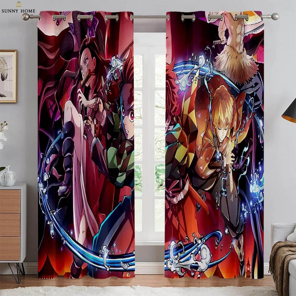 Hot-Blooded Anime Cartoon Style Print Print Window Curtains Black Silk Light Blocking Window Curtains Bedroom Space Living Space Study Kitchen