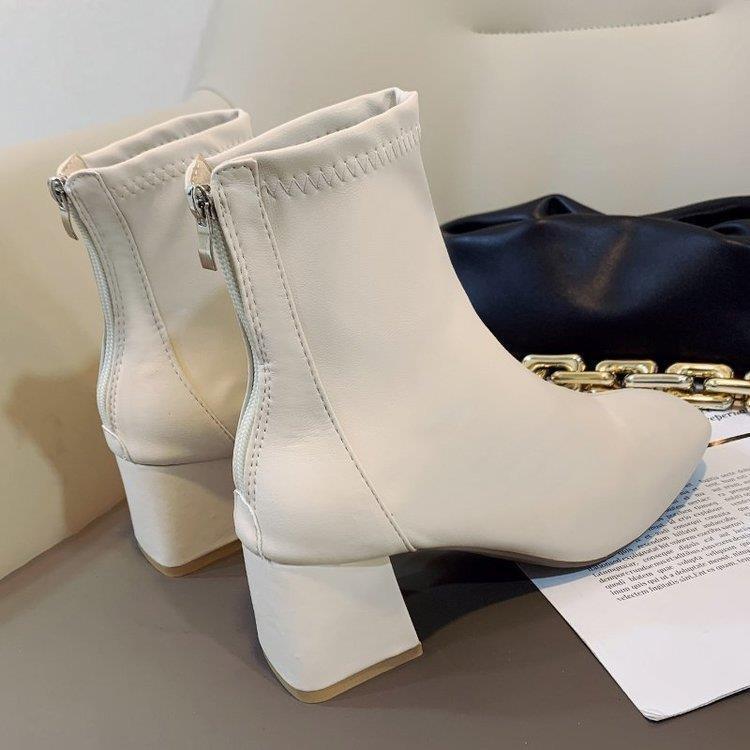 2021 Women's Square Toe Chunky Heel Martin Boots with Back Zipper - European & American Winter Style