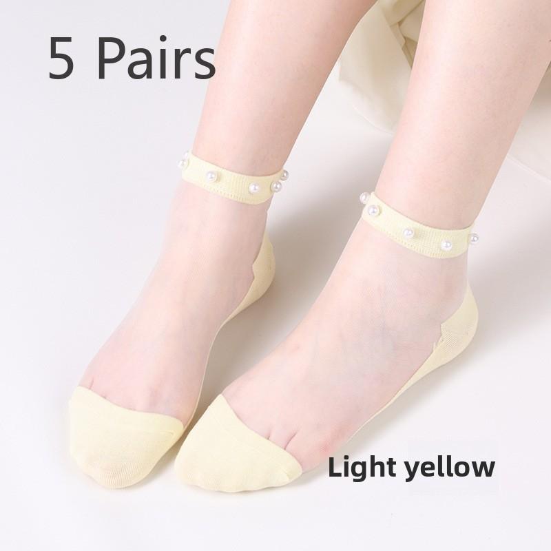 5 Pairs Pearl Socks Women's Socks Light Lace Summer Thin Mesh Transparent Glass Silk Crystal Socks