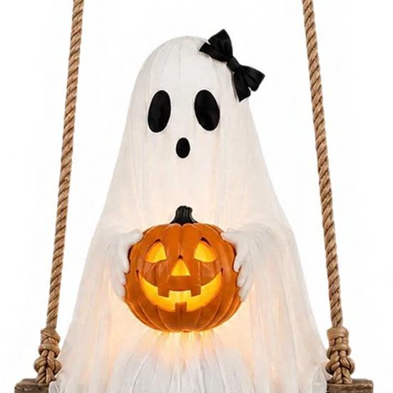 Halloween Gathering Decorations Lighted Ghost Swing with Glowing Pumpkin, Hanging Spooky Decor Indoor Outdoor Holiday for Porch Yard, LED Floating