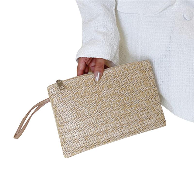 Fashion Straw Weaving Clutch Bag Solid Woven Coin Purse Beach Wallet for Women Daily Use with Phone And Money Slots Card Holder