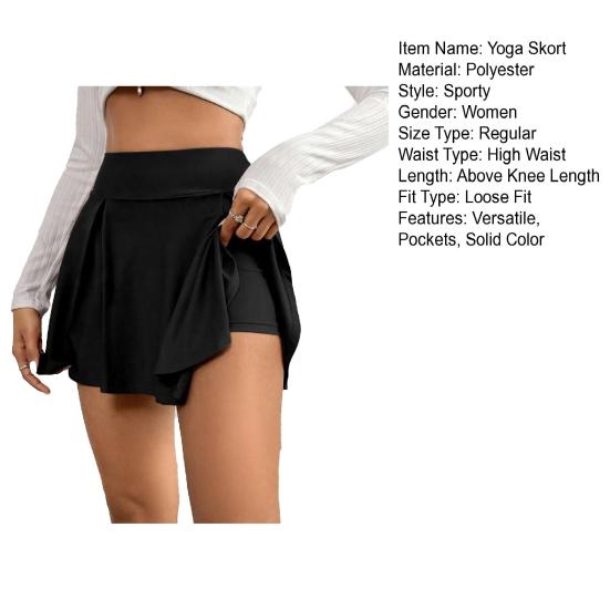 Yoga Skort High Waist Pure Color Women Sports Skirt with Inner Shorts Stretchy Soft Fabric Pocket Design Tennis Skort