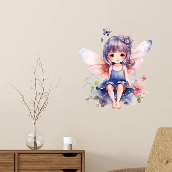 Butterfly Fairy Wall Sticker, Watercolor Purple Hair Fairy Removable Wall Decal for Girls Room, Self-Adhesive PVC Wall Art, Easy Install &