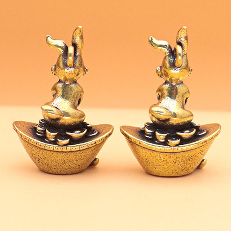 Chinese Year Brass Zodiac Rabbit Figurines Desktop Small Ornament Lucky Rabbit Key Chain Pendant Figurine Decorations Crafts Accessories