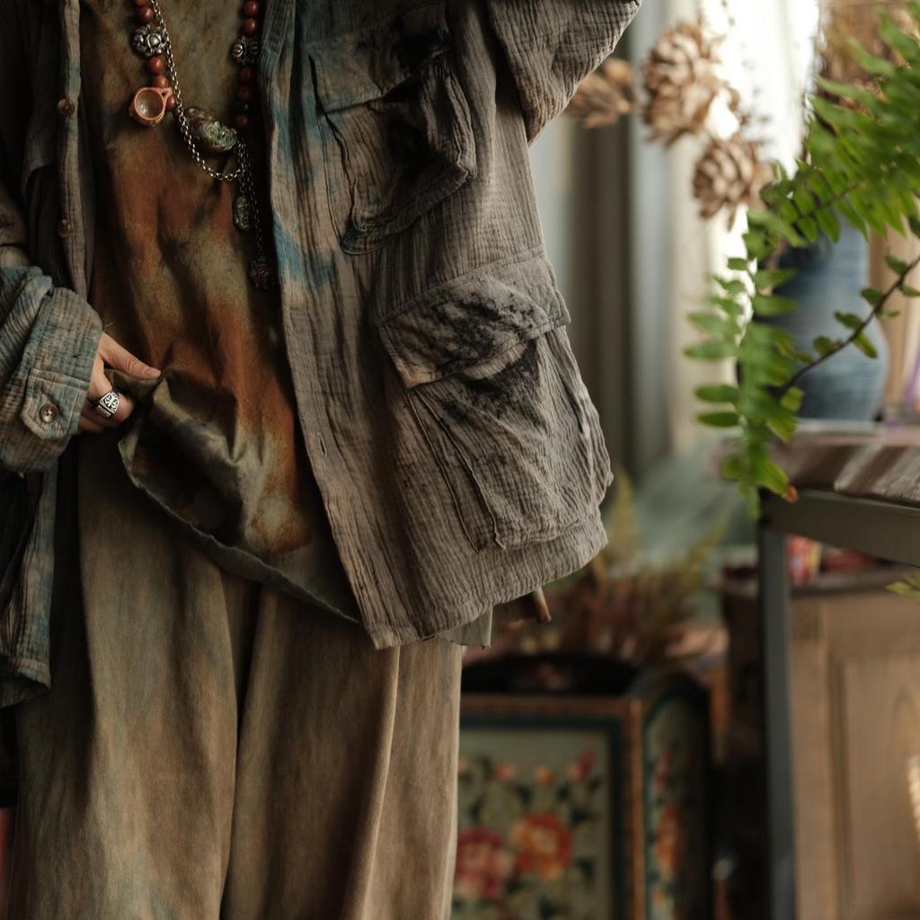 Ancient Falling Mud Light Retro Lapel Cotton-Linen Jacket with Pockets, Plant-Dyed Ash Tone